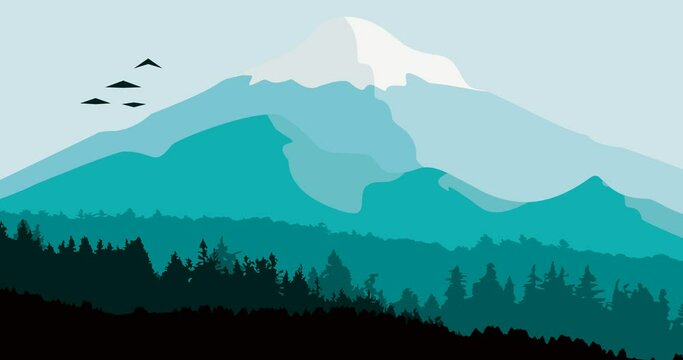 blue snow mountain parallax animation video with forest trees and flying birds