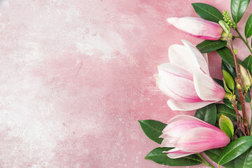 Flower composition. Pink magnolia flowers with green leaves on pink concrete background. Flat lay....