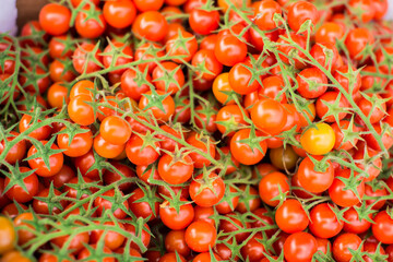 Tomatoes at food market. Tomatoes background
