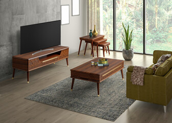 3D render tv room , sofa , coffee table and tv table set in modern decoration 