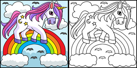 Unicorn Walking Over The Rainbow Illustration