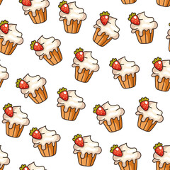 Strawberry cupcake seamless cover wrapping pattern. Vector cartoon design illustration