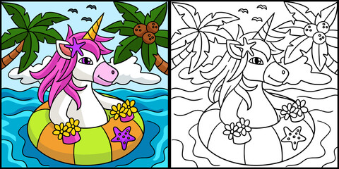 Unicorn In The Ocean Coloring Page Illustration