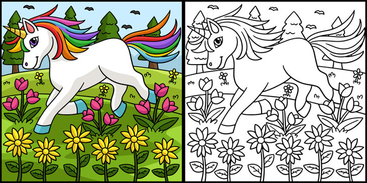 Unicorn Playing On The Flower Field Illustration