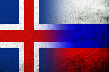 National flag of Russian Federation with National flag of Iceland. Grunge background