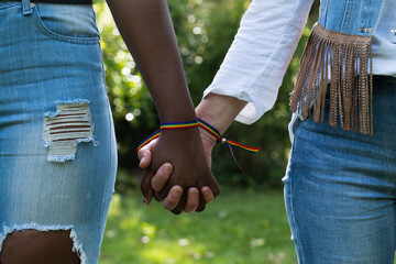 Interracial lesbian couple holding hands. - obrazy, fototapety, plakaty