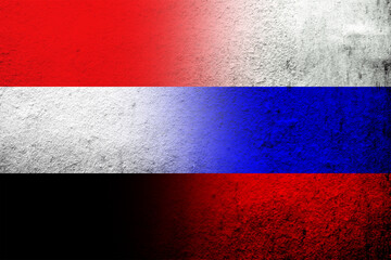 National flag of Russian Federation with National flag of Yemen. Grunge background