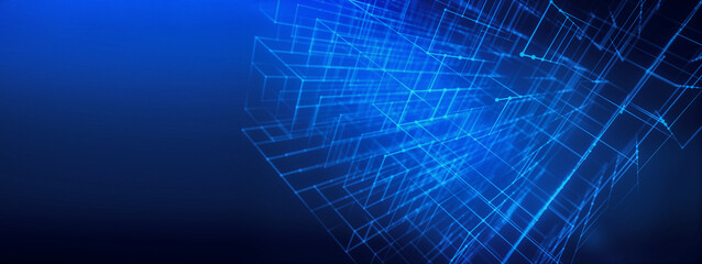 Abstract cube connection for dots and data on blue background.