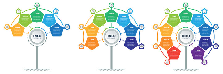 Development and growth of the nano technology in the world. Business presentation with three steps or processes. Infographic or timeline. Set of Vertical infographics with 5, 7 and 9 parts.