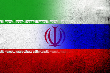 National flag of Russian Federation with The Islamic Republic of Iran National flag. Grunge background