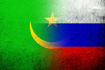 National flag of Russian Federation with the Islamic Republic of Mauritania National flag. Grunge background