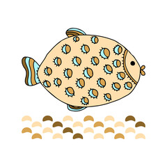 Stylized decorative fish in flat style Colorful modern simple fish for underwater design Isolated on white vector illustration