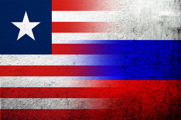 National flag of Russian Federation with The Republic of Liberia National flag. Grunge background