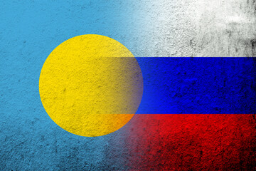 National flag of Russian Federation with The Republic of Palau National flag. Grunge background