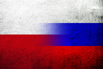 National flag of Russian Federation with The Republic of Poland national flag. Grunge background