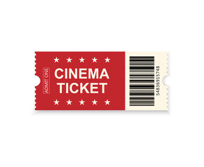 Vector red cinema ticket isolated on white background.
