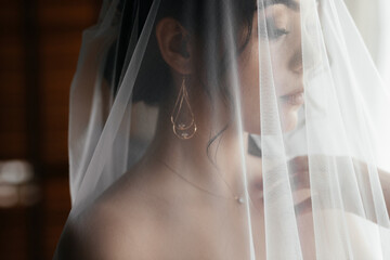  The bride under the veil looks down. Close-up. Horizontal photo