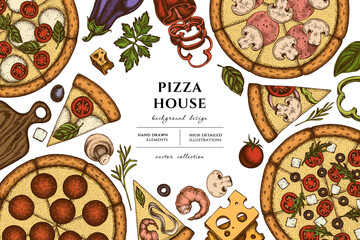 Pizza hand drawn illustration design. Background with retro greek, margherita, pepperoni, veggie, ham and mushrooms and seafood pizzas.