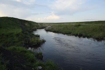 River flowing through green meadows with tall grass under a cloudy sky. Ulyanovsk region, Russia