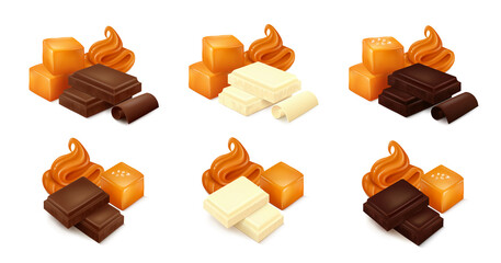 Soft caramel and square toffee candies with different types of chocolate (white, milk, dark). Side view. Realistic vector illustration. 