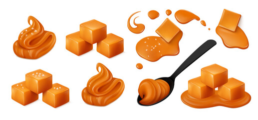 Soft caramel, square toffee candies, sauce. Salted, unsalted, melting or in a black spoon. Realistic vector illustration. Top, side view.  - obrazy, fototapety, plakaty