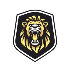 Yellow Lion head roars emblem illustration template. Big cat mascot logo clipart. Animal shield vector image. Can be used for labels, banners, or advertisements.