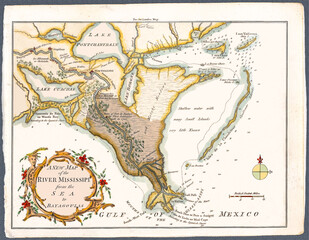 Restored reproduction on a 1761 map. Note old spelling of Mississippi.  Cartouche shows head of a man and ornamentation. Map shows many geographic features. The original was probably hand colored.