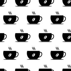 Cup of coffee seamless pattern. Black flat icon cup hot drink on white background. Icon coffee. Modern design for print on fabric, wrapping paper, wallpaper, packaging. Vector illustration