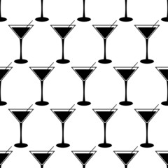Seamless pattern with cocktail. Black flat icon cocktail with straw on white background. Icon alcohol drink. Modern design for print on fabric, wrapping paper, wallpaper, packaging.Vector illustration