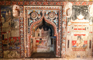Rich decorated hall inside of Bundi palace in Rajasthan, India, Asia