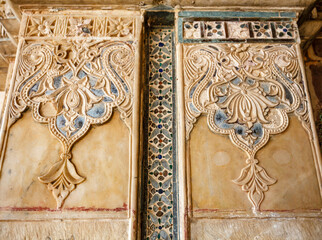 Rich decorated hall inside of Bundi palace in Rajasthan, India, Asia