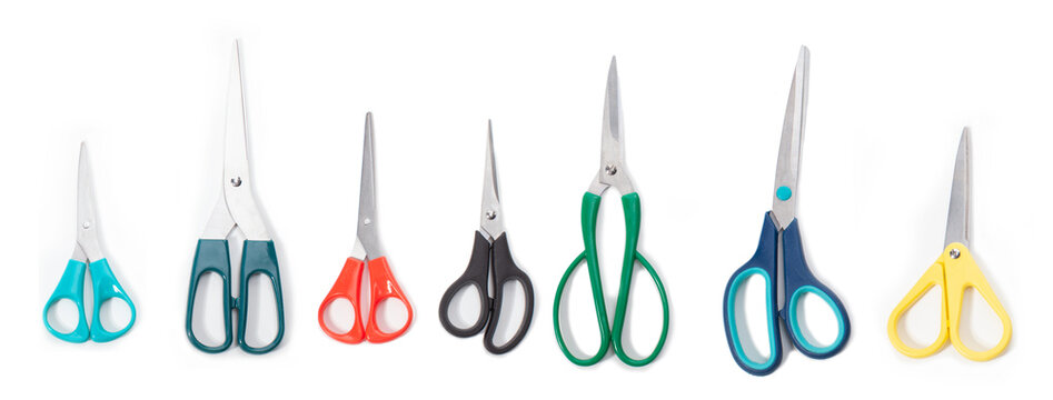 many types of scissors isolated on white background