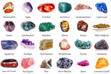 beautiful collection of geological minerals on a white background