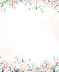 Watercolor frame arrangement with blue, green, turquoise, violet, pink flowers, branches, leaves, eucalyptus twigs.