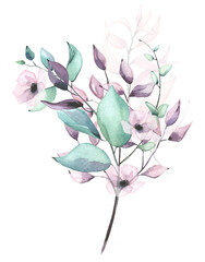 Fototapeta na wymiar Watercolor arrangement with blue, green, turquoise, violet, pink flowers, branches, leaves, eucalyptus twigs.