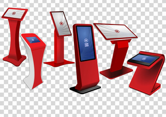 Six red Promotional Interactive Information Kiosk, Advertising Display, Terminal Stand, Touch Screen Display. Mock Up Template