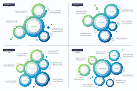 Abstract vector gradient minimalistic infographic templates composed of 4 5 6 7 circles