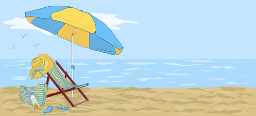 Сhaise-longue on the beach under an umbrella against the background of the sea or ocean. Vacation illustration by the sea.