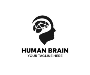 Human brain, anatomy, anatomical logo design. Brain hemispheres, external cerebral connections in the frontal lobe. Communication, psychology, artificial intelligence vector design and illustration.