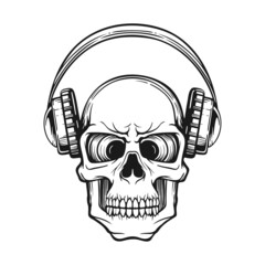 Black and white sketch of skull human in headphones vector