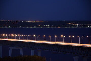 The Bridge in night time with illumination. The Presidential Bridge in Ulyanovsk, the fifth longest in Russia