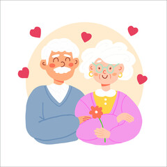 Old couple vector illustration. Happy family, grandparents characters.