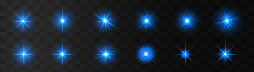 Set of glowing light stars on a transparent background. Transparent shining sun, star explodes and bright flash. Blue bright illustration starburst. 