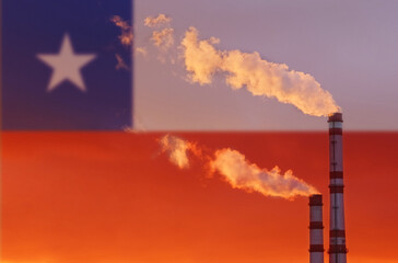 Against the background of the flag of Chile from the pipes of the enterprise there is smoke polluting the air