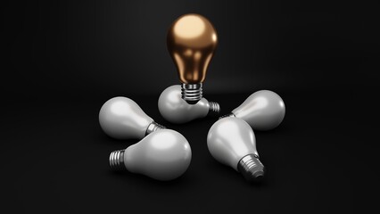 3D render illustration. The golden light bulb hangs in the air over the lying white light bulbs on a black surface.