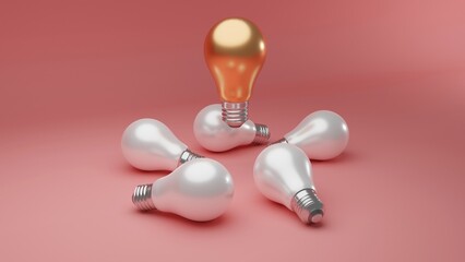 3D render illustration. The golden light bulb hangs in the air over the lying white light bulbs on a pink surface.
