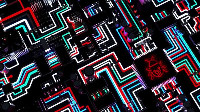 High Angle View of illuminated Circuit Board with a Bug Icon 3D Rendering