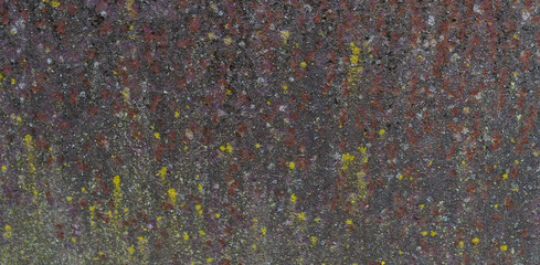 Painted iron surface with a large rusty, black spot and metal corrosion. Old background with peeling and cracking paint.
