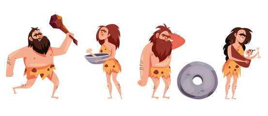 Cave people characters tribe life isolated set. Vector flat cartoon graphic design illustration