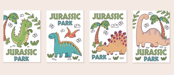 Jurassic dinosaur greeting print card cover concept set. Vector flat cartoon graphic design illustration